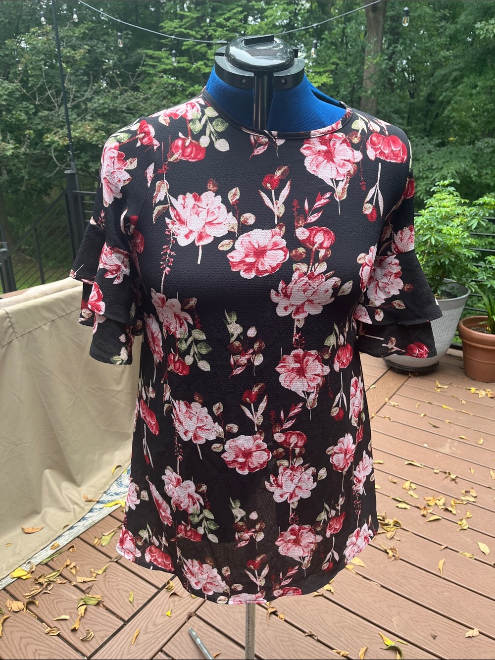 Floral Ruffle Sleeve Blouse in Black with Pink Roses